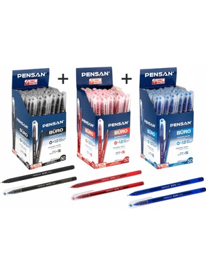 Pensan Büro Tükenmez Kalem 1 mm Kırmızı - Mavi - Siyah (3 Paket) 150 Adet