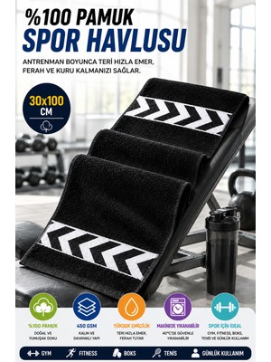 Open City Siyah 30X100 cm %100 Pamuk 450 Gsm Spor Havlusu Fitness Gym Boks Tenis Golf Yüz Havlusu Yıkanabilir