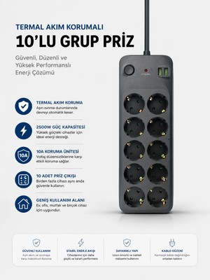 Negok Termal Akım Korumalı USB Type-C Girişli 10'lu Grup Priz 2500W Güç Kapasitesi (Kopya)