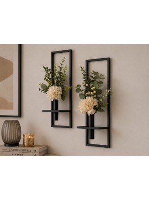 2'li Metal Çiçeklik Modern Dekoratif Duvar Süsü 22X55CM Dikdörtgen Duvar Aksesuarı,Hediyelik Duvar Süsü