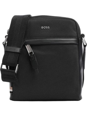 Boss Erkek Metalik Logo Detaylı Ayarlanabilir Askılı Fermuarlı Deri Detaylı Siyah Omuz Çantası 50536491-001