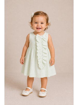 01-04 Yaş Kız Bebek Mint Fiyonklu Elbise - Mint Yeşili
