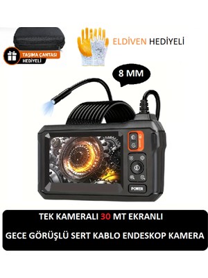 whitetech Ekranlı Tek Kameralı 30 mt Sert Kablo Gece Görüşlü Endeskop Yılan Kamera Kayıtsız Taşıma Çantası ve Eldiven Hediye