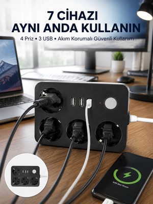 Genel Tedarik 3 USB Çıkışlı 4’lü Akıllı Priz 2500W 2 Metre Kablo