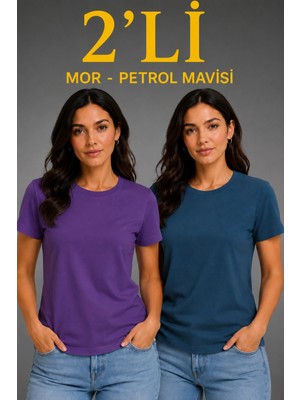 Marsilyan Kadın Basic Bisiklet Yaka Yazlık Slim Fit T-Shirt - Mor  Petrol Mavisi