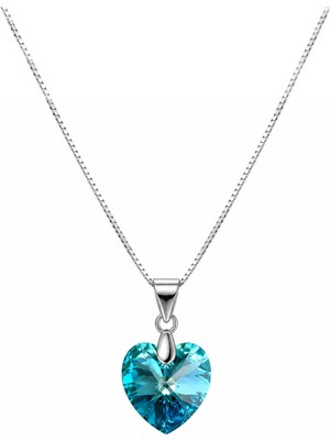 Brezza Lusso Jewelry 925 Ayar Swarovski Taşlı Kalp 14MM Crystal Bermuda Blue Kadın Gümüş Kolye