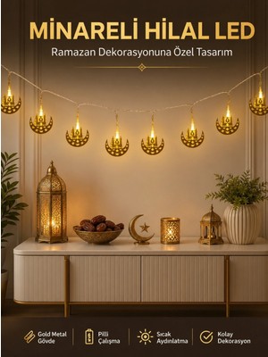 Marsilyan Dekoratif Minareli Hilal LED Işık Metal Gövdeli Ramazan Aydınlatma