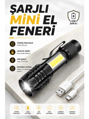 Marmara Avm El Feneri LED USB Şarjlı Zoom Mini LED Işık Acil Durum Feneri