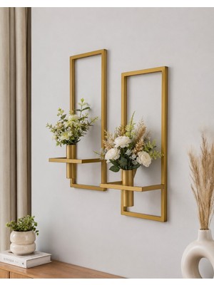 Ragno 2'li Metal Çiçeklik Modern Dekoratif Duvar Süsü 22X55CM Hediyelik Duvar Aksesuarı Gold