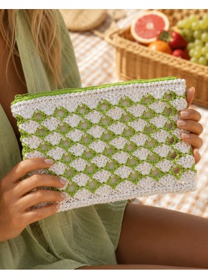 Enie Kadın Yeşil-Beyaz Astarlı Clutch Çanta