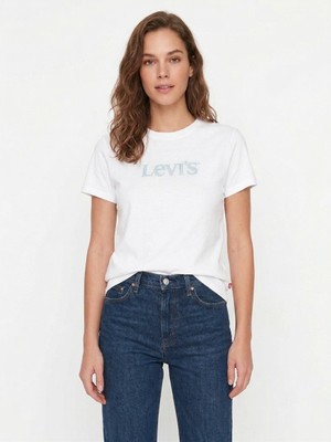Levi's Favorıte Rhınestone Club Logo Kadın Beyaz Bisiklet Yaka Taş Detaylı T-Shirt 008BX-0008