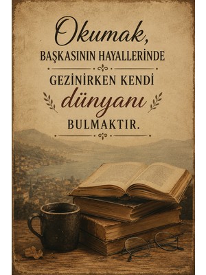Lucena Retro Edebi Sözlü Mdf Tablo Dekoratif Kitap ve Kahve Temalı Duvar Dekoru 2