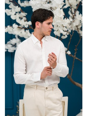 Paul Martin Regular Fit Gizli Düğmeli Yaka %100 Linen Ham Keten Gömlek