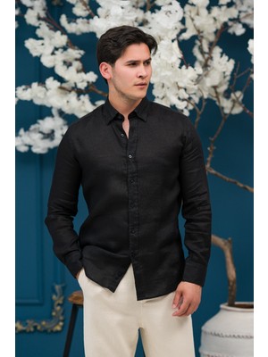 Paul Martin Regular Fit Gizli Düğmeli Yaka %100 Linen Ham Keten Gömlek