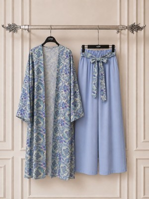 Trendparis Çiçek Desenli Kimono ve Kemerli Pantolon Ikili Takım Açık Mavi