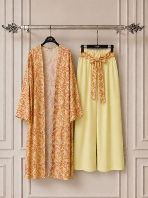 Trendparis Çiçek Desenli Kimono ve Kemerli Pantolon Ikili Takım Sarı