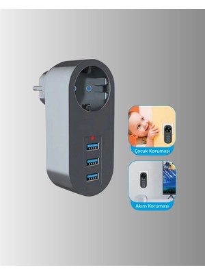Stylmenplus Isıya Dayanıklı 3 USB Portlu Güvenlikli Priz – Akıllı Enerji Yönetimi