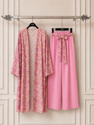 Trendparis Çiçek Desenli Kimono ve Kemerli Pantolon Ikili Takım Açık Pembe