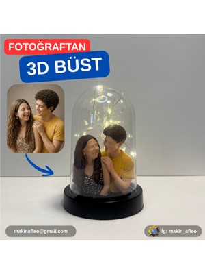 Makinafleo Işıklı Fanus Içinde Kişiye Özel 3D 2 Kişilik Büst (7cm)