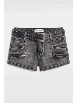 It's Basic Kadın Koyu Füme Mini Kemer Dahil Özel Tasarım Denim Şort