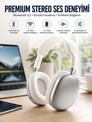 Ruhes P9 Plus Kablosuz Kulak Üstü Bluetooth Kulaklık Beyaz Yüksek Ses Kaliteli