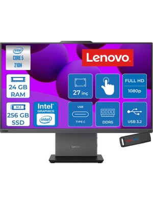 Lenovo Thinkcentre Neo 50A 27 Gen 5 Intel Core 5 210H Upto 4.8ghz 24GB Ddr5 256GB SSD 27" Fhd (1920X1080) IPS 300NITS, 99% Srgb, Touch Freedos Allınone Bilgisayar 12SA002VTRF06+ZETTAUSBBELLEK