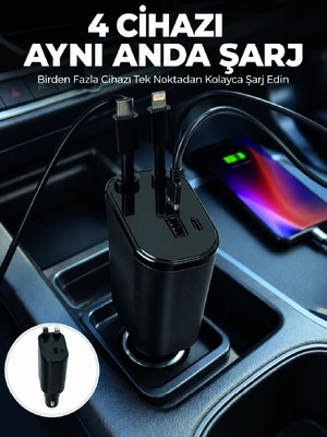 Genel Tedarik 120W Hızlı Şarj Destekli 4'ü 1 Arada Araç Şarj Cihazı Type-C, Lightning, USB ve Usb-C Çıkışlı