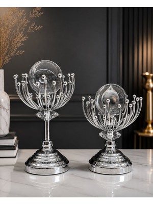 YNSK Chacha Home 2'li Kristal Cam Küreli Metal Dekoratif Obje Şamdan Seti Lüks Salon Masası Konsol Aksesuarı