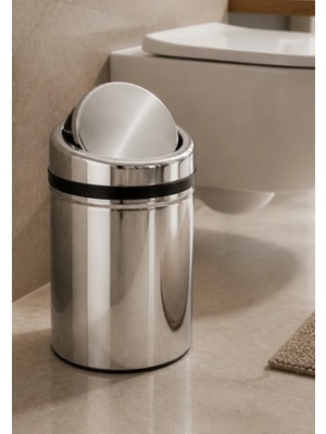 İsaoğlu Yapı Banyo Çöp Kovası Döner Kapaklı Pratik Kapak 8 Litre Paslanmaz Çelik Banyo Çöp Kovası