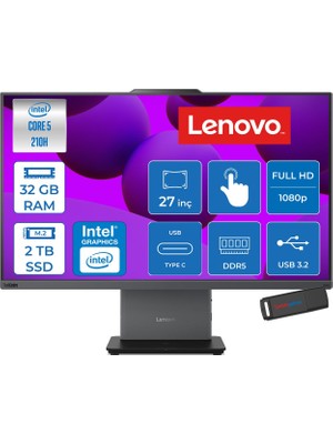 Lenovo Thinkcentre Neo 50A 27 Gen 5 Intel Core 5 210H Upto 4.8ghz 32GB Ddr5 2tb SSD 27" Fhd (1920X1080) IPS 300NITS, 99% Srgb, Touch Freedos Allınone Bilgisayar 12SA002VTRF14+ZETTAUSBBELLEK