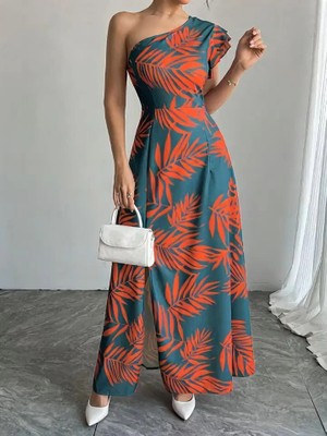 Lune Store Kadın Tek Omuzlardan Açık Yırtmaçlı Uzun Desenli Elbise