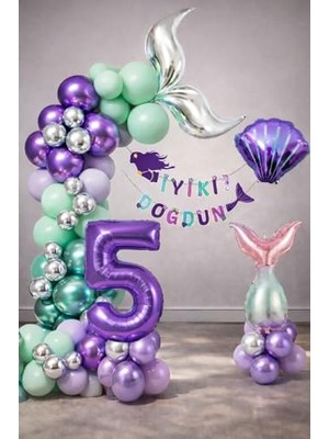 Esranın Dünyası Deniz Kızı Temalı 5 Yaş Doğum Günü Balon Süsleme Seti – Mor Lila Parti Dekorasyon Seti