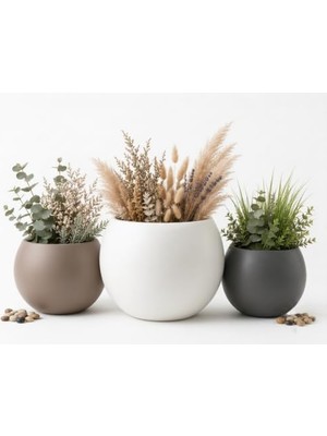Esranın Dünyası Zevli Japandi Tarzı Modern Küre Saksı 3'lü Set - Su Sızdırmaz Dekoratif Salon ve Balkon Saksısı Hediyelik Çiçeklik Seti (Mermer Beyazı, Antrasit ve Mocha, Bir Büyük Iki Orta)
