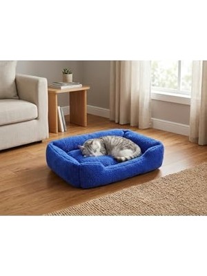 Esranın Dünyası Premium Dikdörtgen Peluş Kedi Yatağı ve Küçük Irk Köpek Yatağı - 60X45 Cm, Mavi