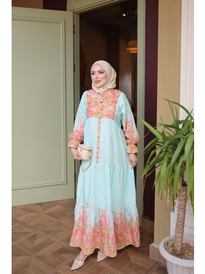 İmaj Butik Su Yeşili Yarım Düğmeli Kol Lastikli Eteği Katlı Elbise