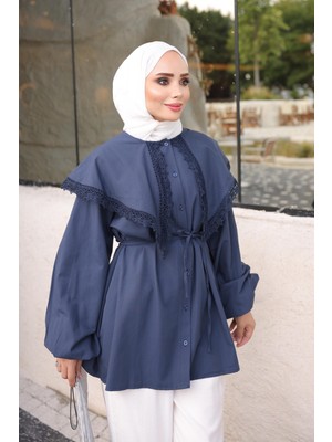 İmaj Butik Lacivert Yaka Dantelli Bel Bağlamalı Gömlek