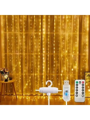 MarkEntegra 3x3 Metre Perde LED Işık, 300 Ledli 10 Sarkıtlı Dekoratif Peri Led, Uzaktan Kumandalı ve 8 Fonksiyonlu, USB Girişli Günışığı (Sarı) Duvar ve Perde Aydınlatması          [enerji Sınıfı A]