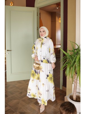 İmaj Butik Sarı Yarım Düğmeli Kol Lastikli Eteği Katlı Viskon Elbise