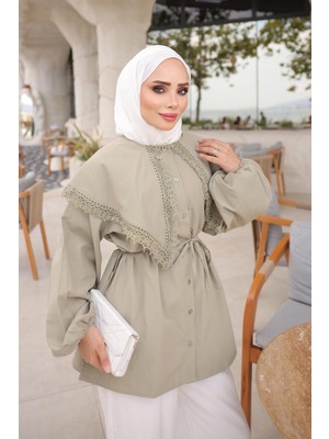 İmaj Butik Açık Haki Yaka Dantelli Bel Bağlamalı Gömlek