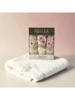 Rebeka 3D Çiçek Işlemeli Kutulu Çeyizlik 3,lü 30X50 El Yüz &, Banyo Havlusu NS-1711