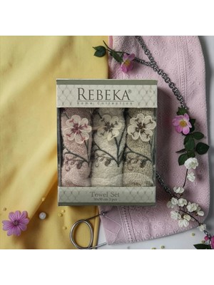 Rebeka 3D Çiçek Işlemeli Kutulu Çeyizlik 3,lü 30X50 El Yüz &, Banyo Havlusu NS-1711