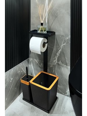 MarkEntegra 3'ü 1 Arada Banyo Seti Tuvalet Kağıtlık, Çöp Kovası ve Tuvalet Fırça Takımı Set Çizgili (Ahşap Siyah)