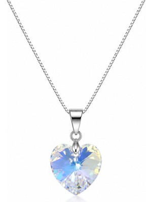 Brezza Lusso Jewelry 925 Ayar Swarovski Taşlı 228 Kalp 14MM Crystal Ab Kadın Gümüş Kolye