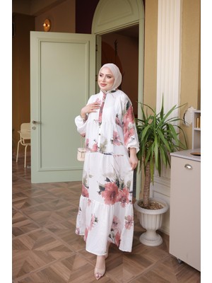 İmaj Butik Pudra Yarım Düğmeli Kol Lastikli Eteği Katlı Viskon Elbise