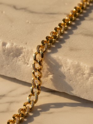 Seyn Accessory Kadın Gold Vıp Seri Zirkon Taşlı Kalın Gurmet Küba Zincir Bileklik Kararmaz