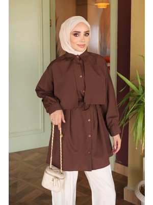İmaj Butik Kahverengi Rüzgarlık Detaylı Bel Bağlamalı Gömlek