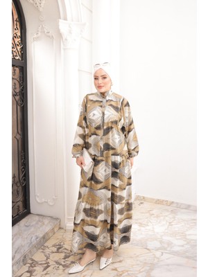 İmaj Butik Vizon Yarım Düğmeli Kol Lastikli Eteği Katlı Viskon Elbise