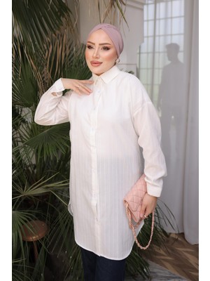 İmaj Butik Ekru Çizgili Tunik Gömlek