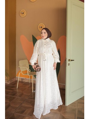 İmaj Butik Ekru Bel Bağlamalı Desenli Elbise