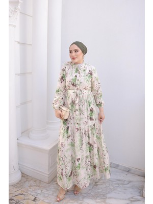 İmaj Butik Yeşil Yarım Düğmeli Kol Lastikli Eteği Katlı Elbise